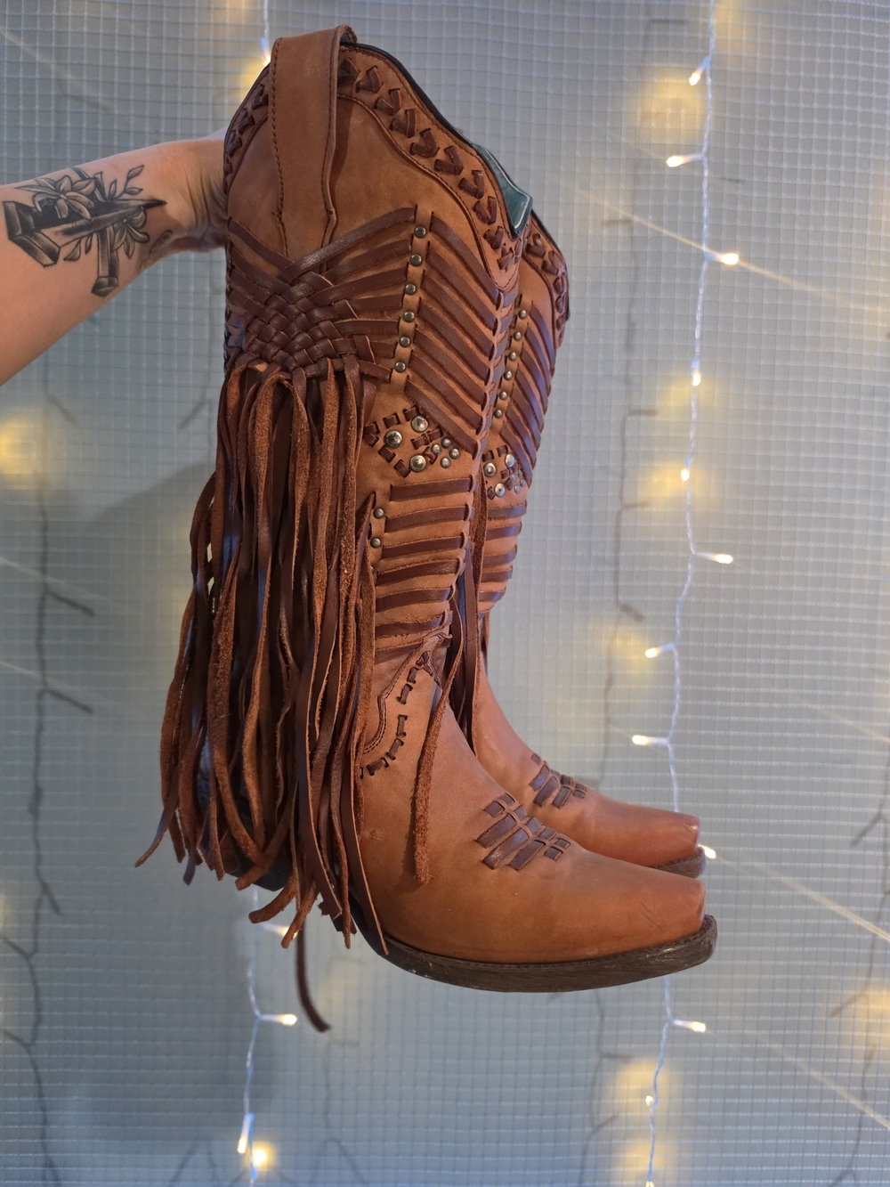 Fringed Brown Leather Western Boots - Women
